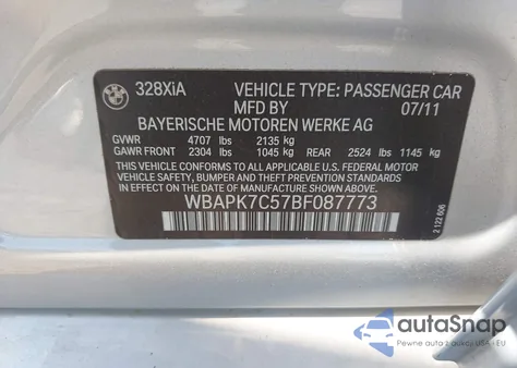 2011 BMW 328 xDrive из США, поврежденный, VIN WBAPK7C57BF087773